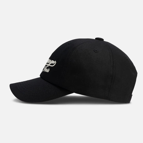 Black Wooyoungmi script logo cap, a stylish headwear piece with embroidered branding and adjustable strap.