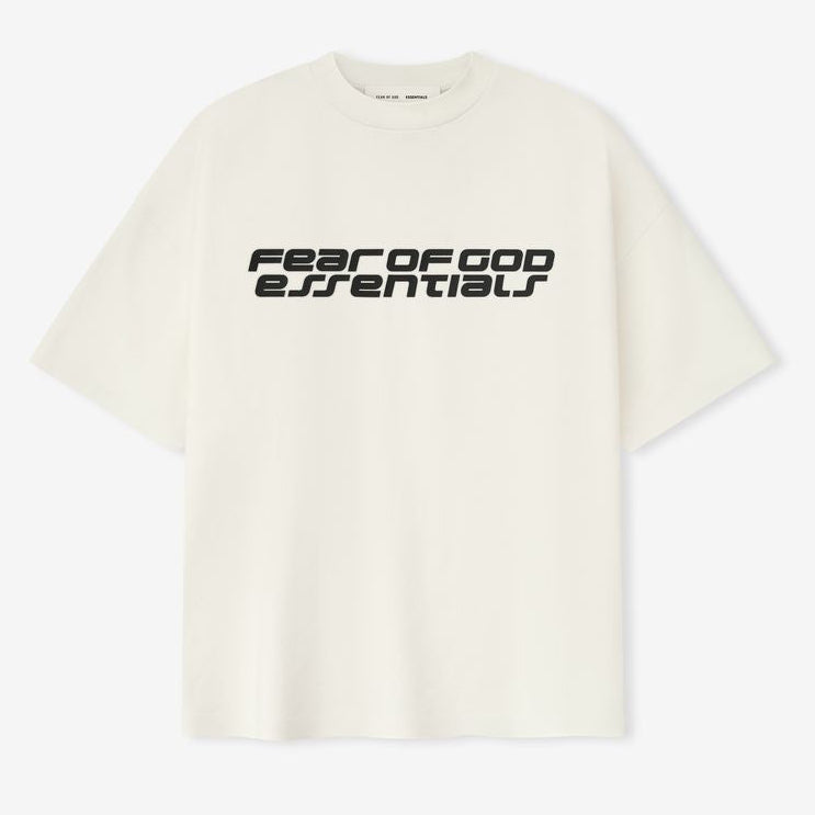 Fear of God Essentials reflective logo ivory ponte 90s tee, upgraded fabric, casual apparel with reflective branding detail.