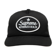 Black Supreme mesh trucker cap, a stylish headwear with breathable mesh panels and adjustable snapback closure.
