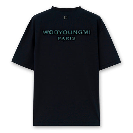 Dark navy Wooyoungmi tuft embroidered back logo tee, casual apparel with embroidered design and comfortable fit.