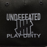 Black Undefeated Play Dirty snapback hat with adjustable strap and embroidered logo, stylish headwear for casual wear.