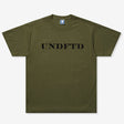 Olive green Undefeated Stencil Logo Tee shirt with front graphic, casual short-sleeve apparel by UNDEFEATED.