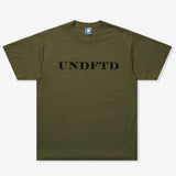 Olive green Undefeated Stencil Logo Tee shirt with front graphic, casual short-sleeve apparel by UNDEFEATED.
