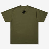 Undefeated Stencil Logo Tee in olive green, casual t-shirt with printed logo, short sleeves, and classic crew neckline.