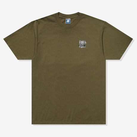 Olive green Undefeated Foil Photo Logo Tee featuring a graphic print on the front, casual short-sleeve T-shirt for streetwear style.