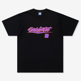 Black Undefeated Wrap Tee shirt featuring a relaxed fit, displayed on a hanger with a plain background.