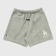 Fear Of God Essentials X LA Dodgers sweat shorts in concrete heather, casual athletic apparel with logo detail and comfortable fit.