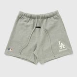 Fear Of God Essentials X LA Dodgers sweat shorts in concrete heather, casual athletic apparel with logo detail and comfortable fit.