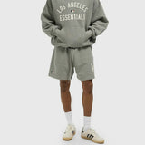 Fear Of God Essentials X LA Dodgers sweat shorts in concrete heather, casual athletic apparel with branded logo and relaxed fit.