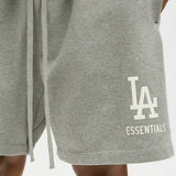 Fear of God Essentials X LA Dodgers sweat shorts in concrete heather, casual athletic apparel with logo details and comfortable fit.