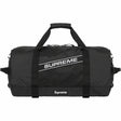 Supreme black reflective logo large duffle bag with 42L capacity, featuring durable material and spacious design for travel or gym use.