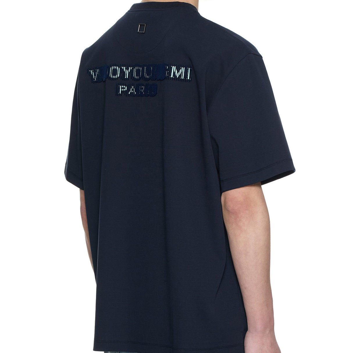 Dark navy Wooyoungmi tuft embroidered back logo tee, casual apparel with detailed embroidery and classic fit.