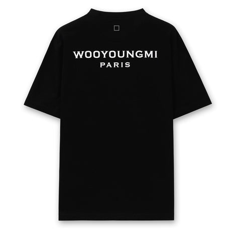Black Wooyoungmi Signature Logo Tee shirt with brand logo on front, casual apparel for everyday wear.