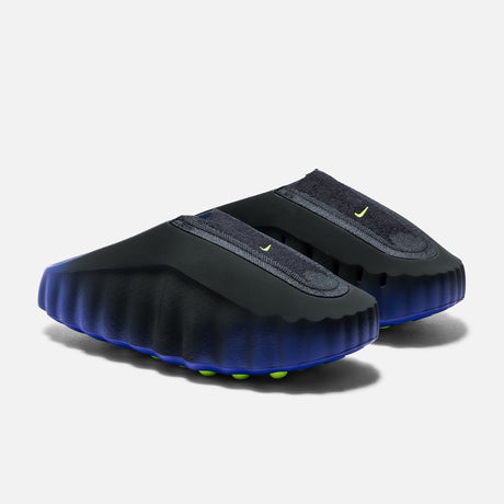 Nike Mind 001 Flyknit slide shoes in hyper royal, volt, and black with a sleek, lightweight design and breathable Flyknit material.