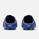 Nike Mind 001 Flyknit Slide shoes in hyper royal, volt, and black with breathable Flyknit material and sporty design.