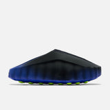 Nike Mind 001 Flyknit slides featuring a hyper-royal, volt, and black colorway with breathable Flyknit material.