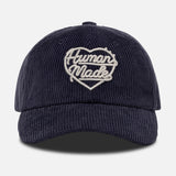 Navy corduroy cap with Human Made heart logo embroidery, casual headwear by HUMAN MADE featuring a classic design and adjustable fit.