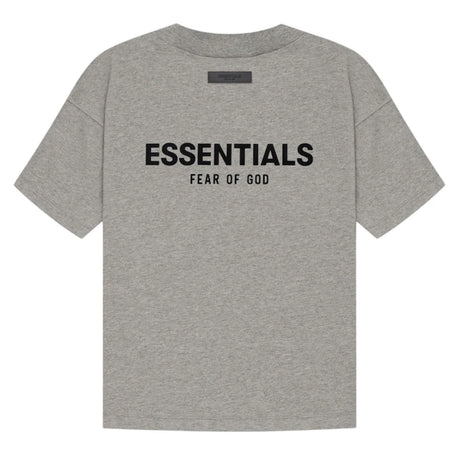 Fear of God Essentials Felt Logo Tee in dark oatmeal, showing the front view with logo detail on soft cotton fabric.