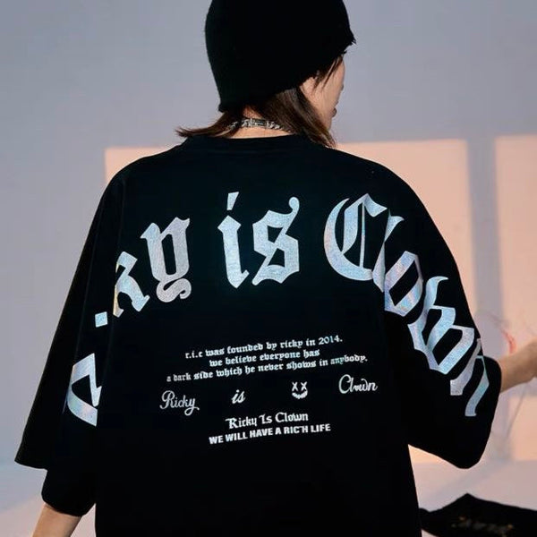 Rickyisclown [RIC] Holographic Gothic Logo Drop Shoulder Oversized Tee Black [R9210322a-PPPP] RICKYISCLOWN RICKYISCLOWN - originalfook singapore