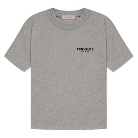 Dark oatmeal Fear of God Essentials felt logo tee, casual apparel with a prominent front logo, comfortable and stylish for everyday wear.
