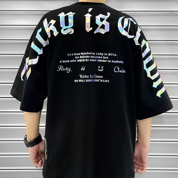 Rickyisclown [RIC] Holographic Gothic Logo Drop Shoulder Oversized Tee Black [R9210322a-PPPP] RICKYISCLOWN RICKYISCLOWN - originalfook singapore