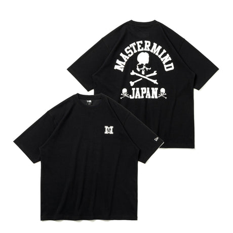 Black oversized T-shirt by MASTERMIND JAPAN and New Era featuring bold branding and a relaxed fit, displayed on a flat surface.