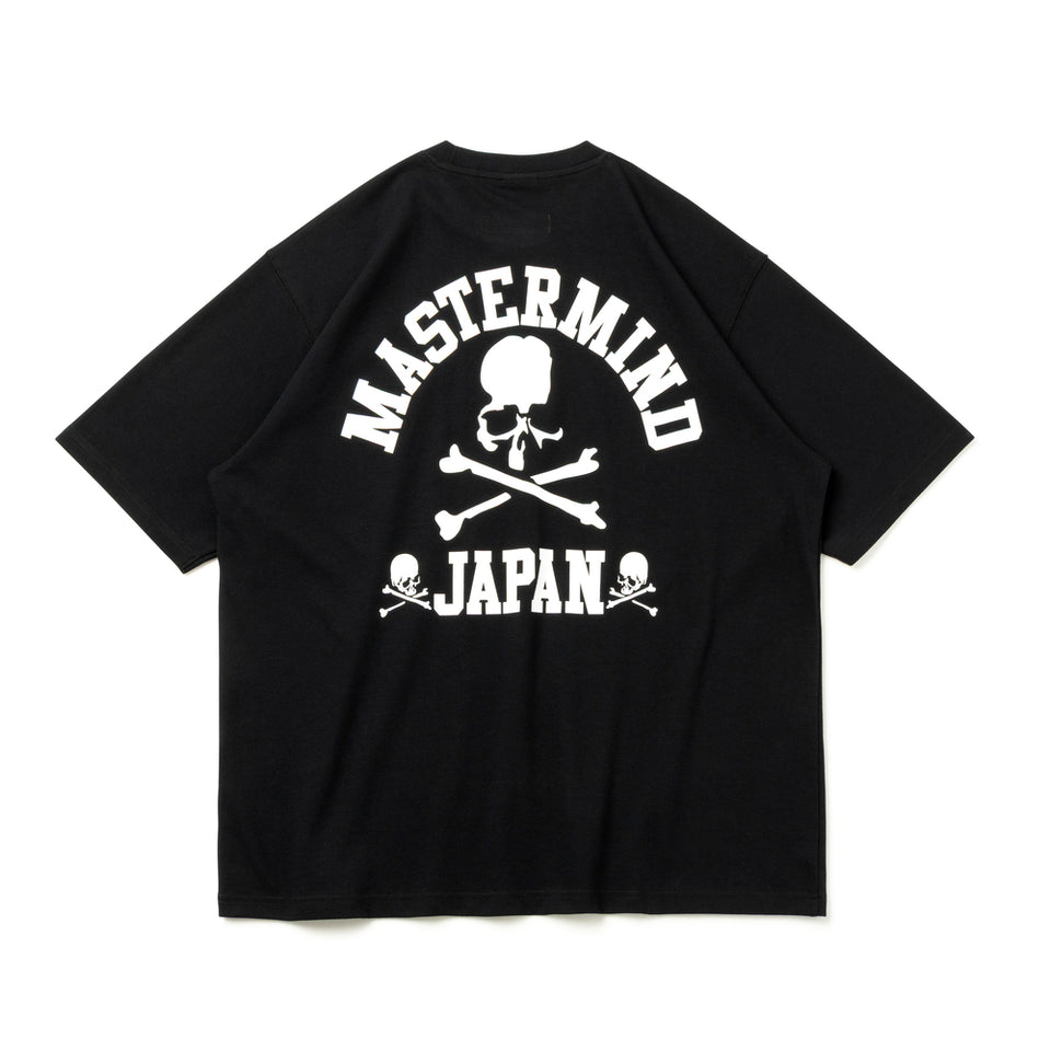 Black oversized T-shirt by Mastermind Japan x New Era, featuring bold branding and comfortable fit, casual apparel for streetwear style.