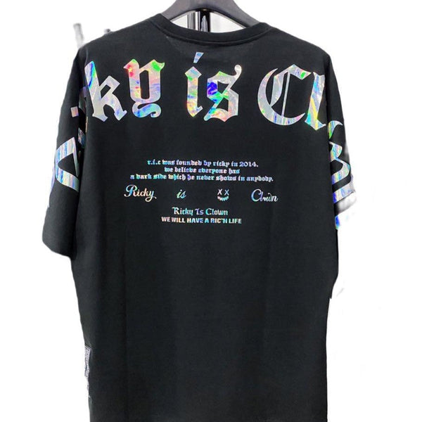 Rickyisclown [RIC] Holographic Gothic Logo Drop Shoulder Oversized Tee Black [R9210322a-PPPP] RICKYISCLOWN RICKYISCLOWN - originalfook singapore
