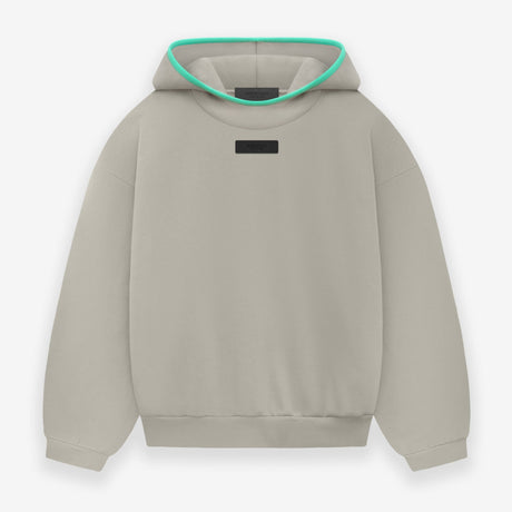 Fear of God Essentials applique box logo hoodie in black with front chest logo, casual and comfortable apparel.
