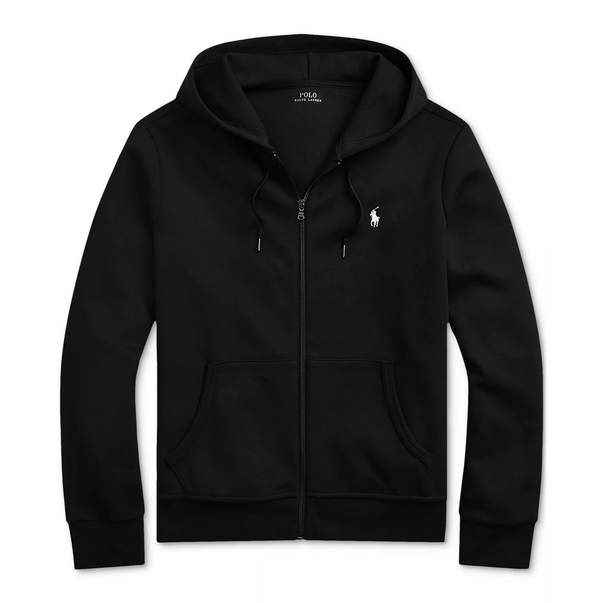 Black Polo Ralph Lauren Double Knit Zip Hoodie with front zipper and ribbed cuffs, casual apparel for comfortable style.