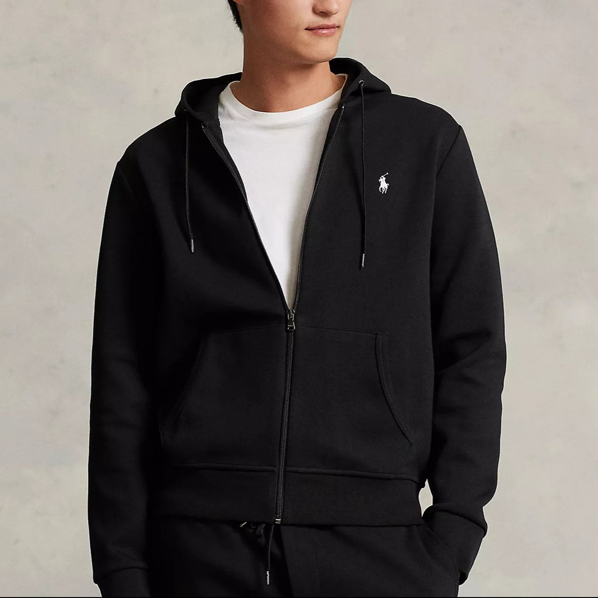 Black Polo Ralph Lauren Double Knit Zip Hoodie with front zipper, ribbed cuffs, and a classic casual style.