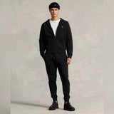 Black Polo Ralph Lauren double knit zip hoodie with front zipper and ribbed cuffs, displayed on a plain background.