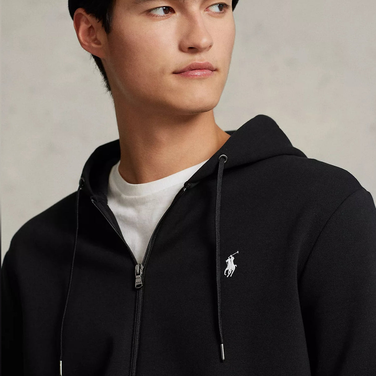Black Polo Ralph Lauren double knit zip hoodie with front zipper and ribbed cuffs, casual apparel for men.