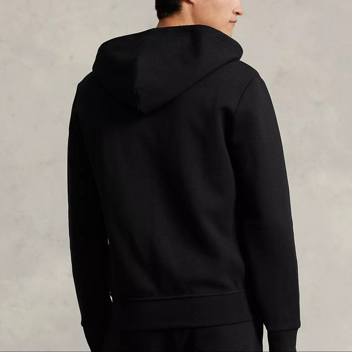 Black Polo Ralph Lauren double knit zip hoodie with front zipper and ribbed cuffs, casual apparel for men.