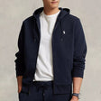 Navy Polo Ralph Lauren double knit zip hoodie with front zipper and ribbed cuffs, casual apparel for comfortable style.