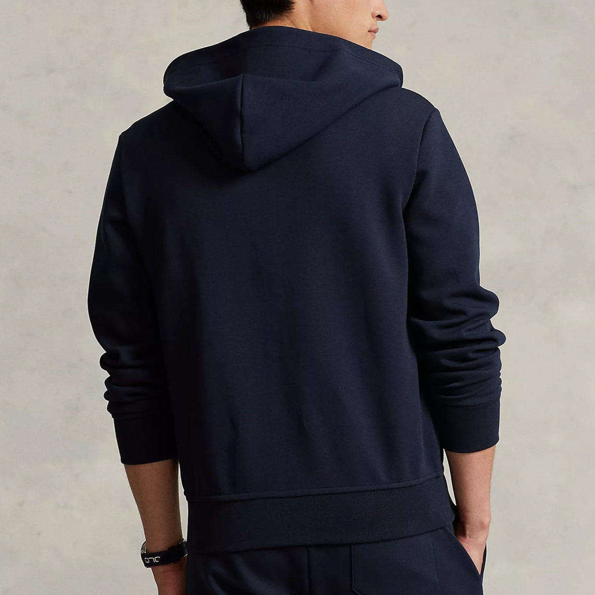 Navy Polo Ralph Lauren Double Knit Zip Hoodie with front zipper and ribbed cuffs, casual apparel for everyday wear.