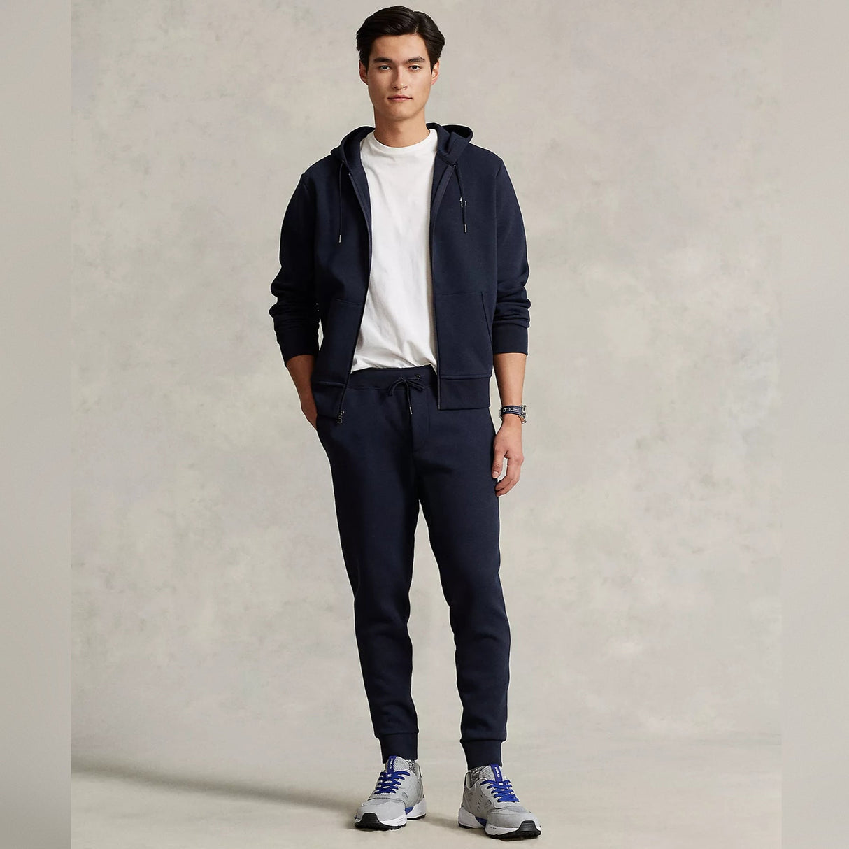 Navy Polo Ralph Lauren double knit zip hoodie with front zipper and ribbed cuffs, casual apparel for comfortable style.