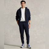 Navy Polo Ralph Lauren double knit zip hoodie with front zipper and ribbed cuffs, casual apparel for comfortable style.