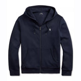 Navy Polo Ralph Lauren double knit zip hoodie with front zipper and ribbed cuffs, casual apparel for men.