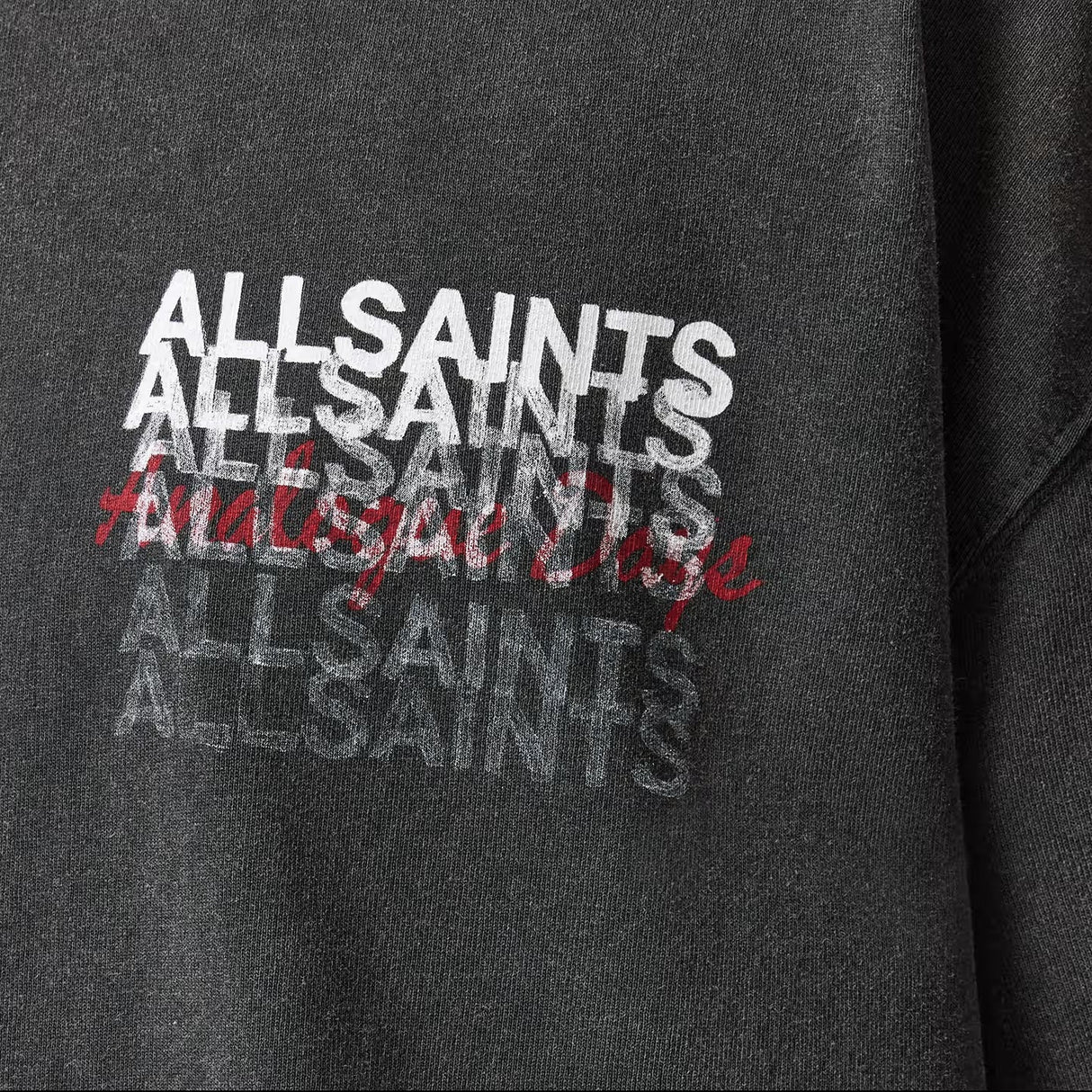 Allsaints Graphene Logo Tee in washed black, casual black T-shirt with Allsaints logo front view, soft cotton fabric.