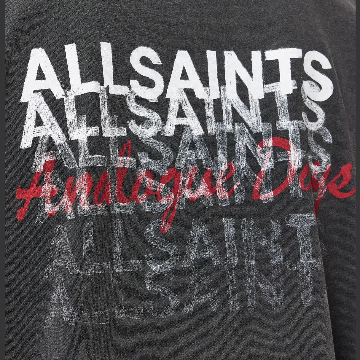 Black Allsaints Graphene Logo T-shirt with washed finish, featuring a prominent logo on the front, displayed on a white background.