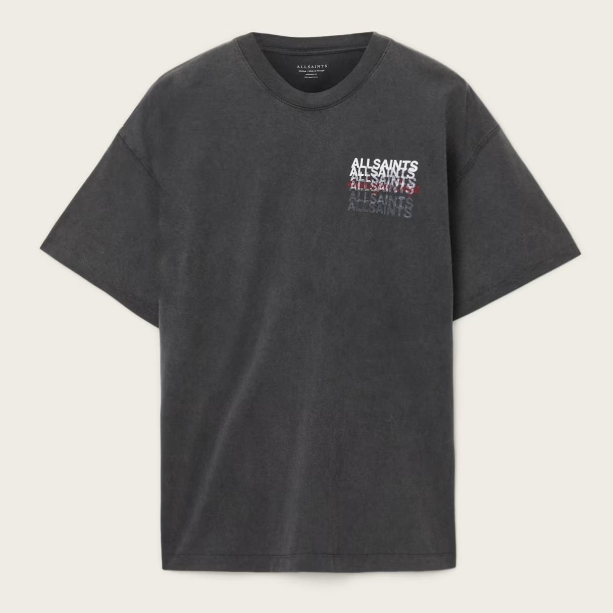 Allsaints Graphene Logo Tee in washed black, casual men's t-shirt featuring allover logo print and comfortable fit.