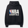 Black Fear of God Essentials NBA hoodie, casual apparel with NBA logo and comfortable fabric, displayed on a white background.