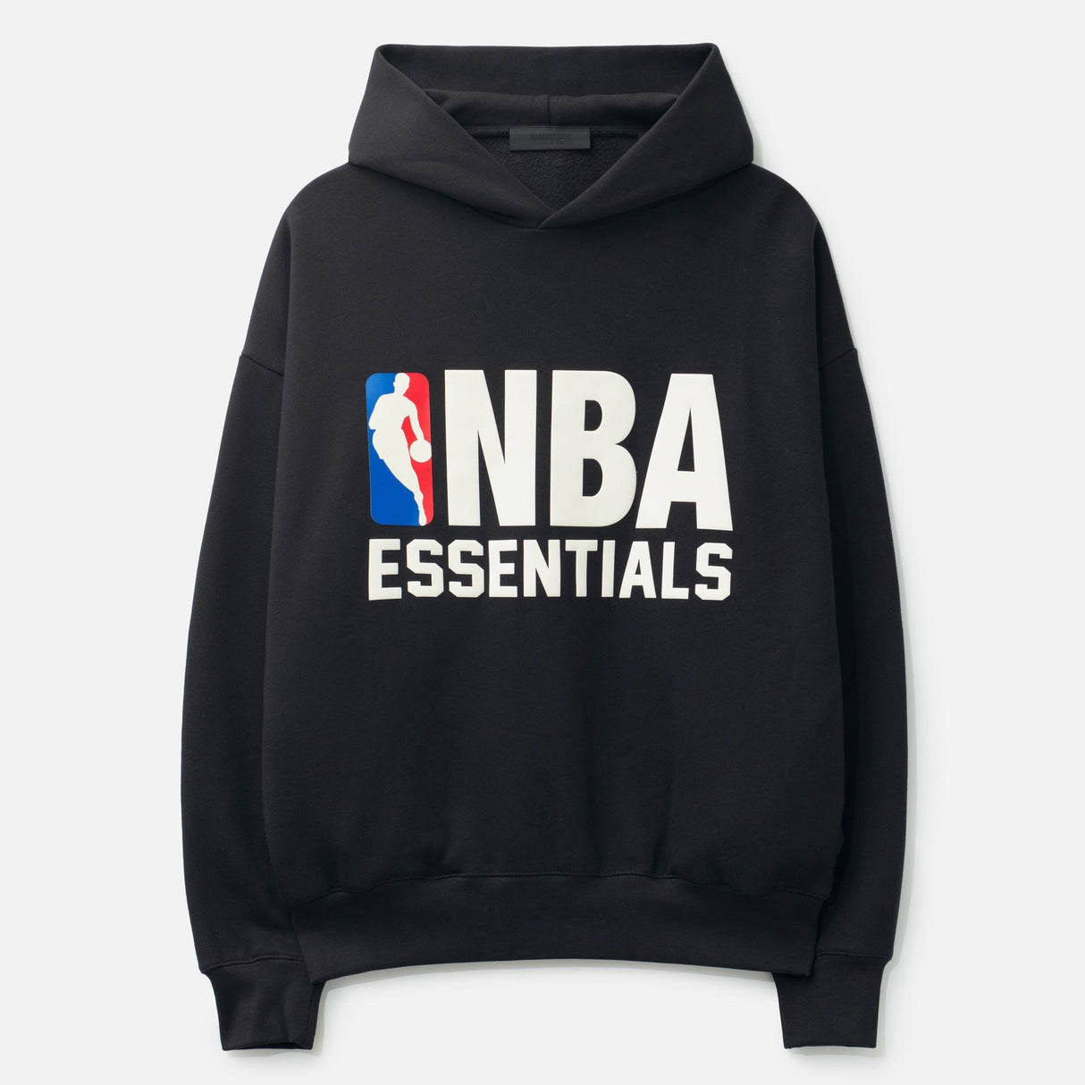 Black Fear of God Essentials NBA hoodie, casual apparel with NBA logo and comfortable fabric, displayed on a white background.