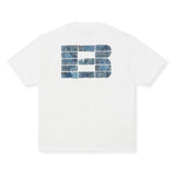 Boneless white faux denim applique logo t-shirt, casual apparel with a stylish denim-inspired design, shown on a plain background.