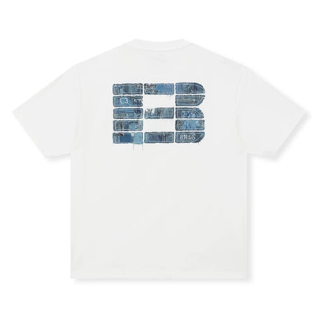 Boneless white faux denim applique logo t-shirt, casual apparel with a stylish denim-inspired design, shown on a plain background.