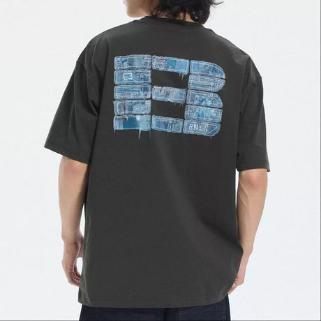 Black Boneless faux denim applique logo tee shirt, casual apparel with stylish denim accents and branding details.