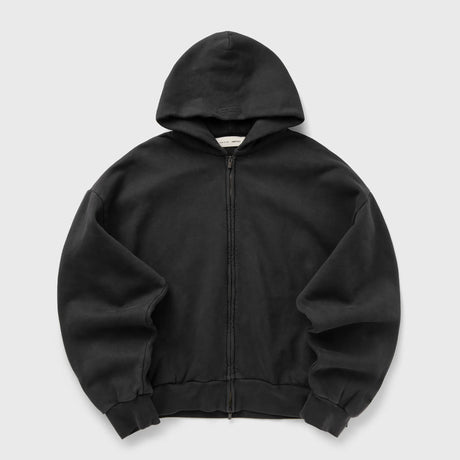 Fear Of God Essentials logo zip-up hoodie in vintage black, featuring a classic design and front logo detail.