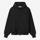 Fear Of God Essentials black and white zip-up hoodie with logo, casual apparel featuring a front zipper and hood.
