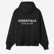 Fear Of God Essentials black and white zip-up hoodie with logo, casual apparel, front view showing the classic design and branding.